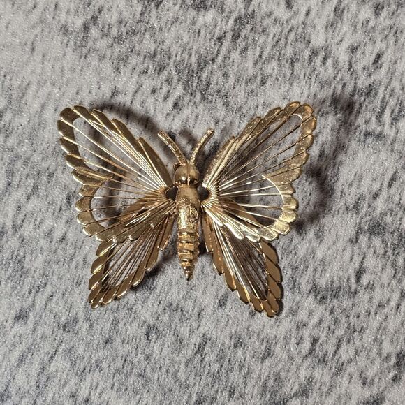 Monet Jewelry - Vintage Monet Butterfly Brooch Pin Gold Tone Open Work Layered Signed Estate